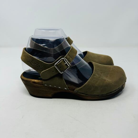 Lotta from Stockholm Green Leather Clogs Wooden Heels Adjustable Strap Size 37 - Picture 7 of 15